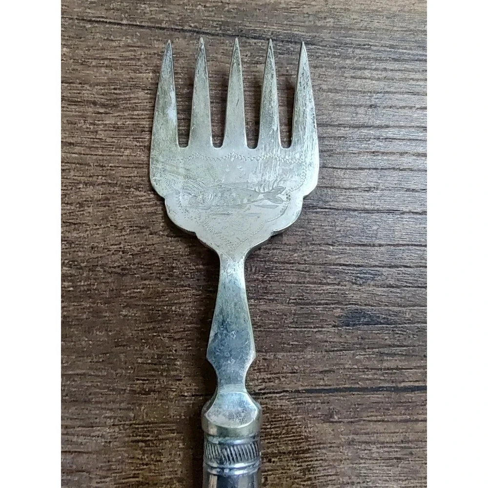 Antique EPNS Fish Serving Fork Mother of Pearl Handle Sterling Collar Engraved